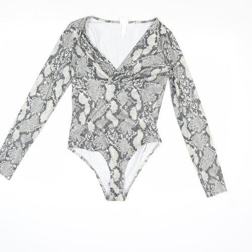 H&M Womens Grey Animal Print Polyester Bodysuit One-Piece Size S Snap - Snake Print
