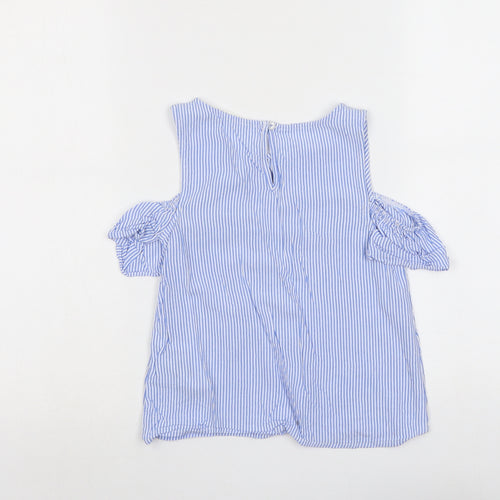 H&M Girls Blue Striped Viscose Basic Tank Size 9-10 Years Round Neck Button