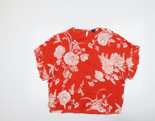 River Island Womens Red Floral Viscose Basic Blouse Size M Round Neck