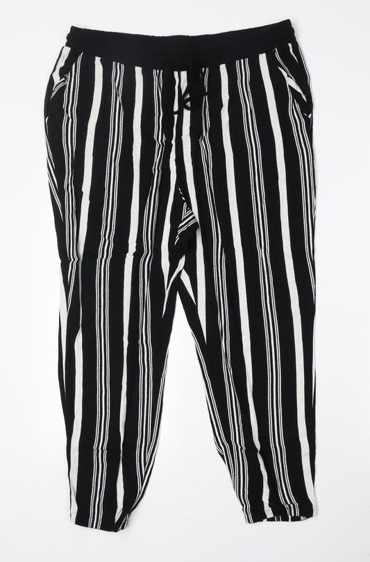 marks Womens Black Striped Viscose Trousers Size 16 Regular Drawstring
