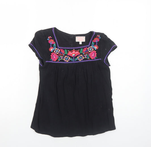 Marks and Spencer Girls Black Cotton Basic Blouse Size 8-9 Years Square Neck Button - Flower Detail
