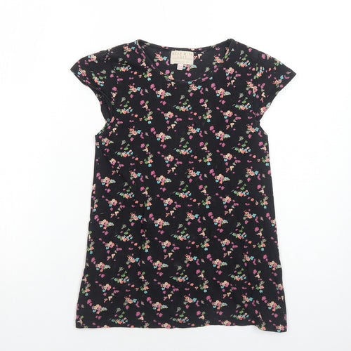 Marks and Spencer Girls Black Floral Cotton Basic T-Shirt Size 9-10 Years Round Neck Pullover