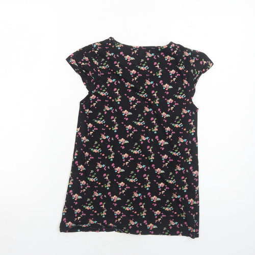 Marks and Spencer Girls Black Floral Cotton Basic T-Shirt Size 9-10 Years Round Neck Pullover