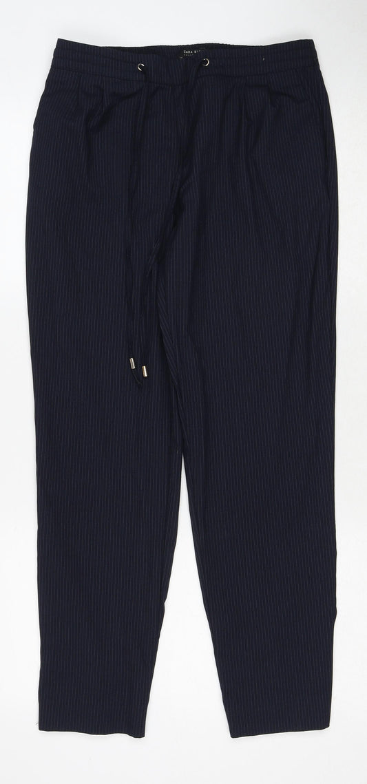Zara Womens Blue Striped Polyester Jogger Trousers Size S Regular Drawstring