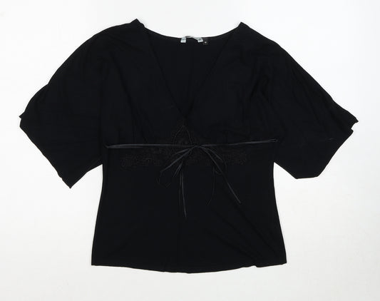 Red Herring Womens Black Viscose Basic Blouse Size 10 V-Neck - Lace Detail