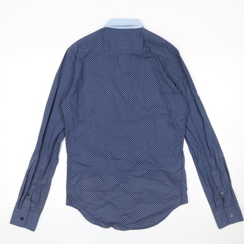 Zara Mens Blue Geometric Cotton Button-Up Size S Collared Button