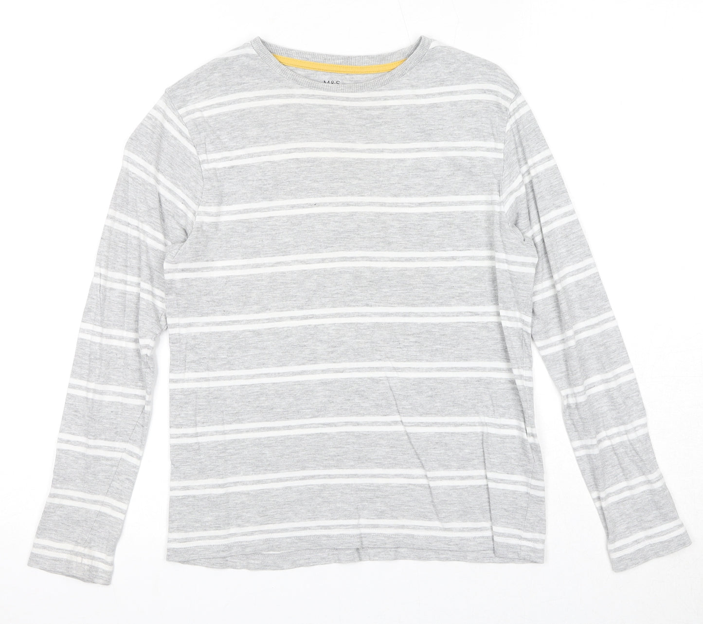 Marks and Spencer Boys Grey Striped Cotton Pullover T-Shirt Size 9-10 Years Round Neck Pullover