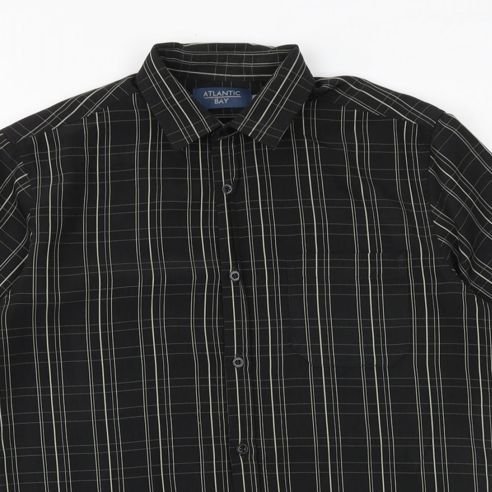 BHS Mens Black Plaid Polyester Button-Up Size S Collared Button