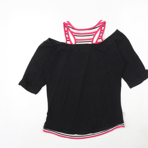LA Gear Womens Black Striped 100% Cotton Basic T-Shirt Size 10 Round Neck - Cold Shoulder
