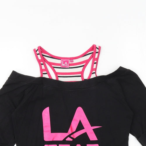 LA Gear Womens Black Striped 100% Cotton Basic T-Shirt Size 10 Round Neck - Cold Shoulder