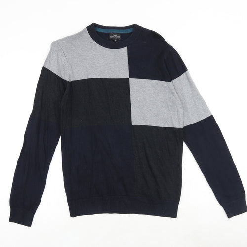 NEXT Mens Blue Round Neck Geometric Cotton Pullover Jumper Size M Long Sleeve