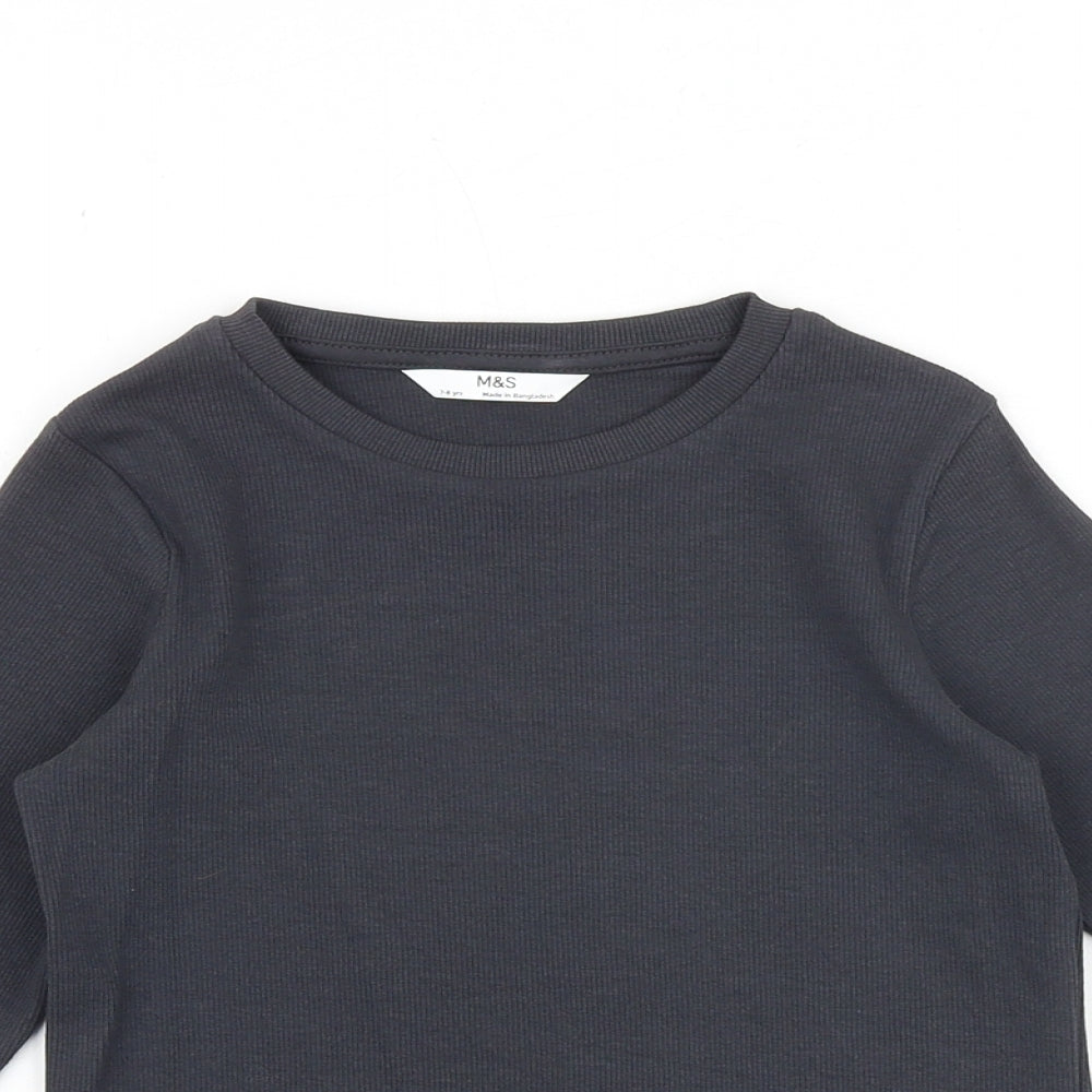 Marks and Spencer Girls Grey Cotton Basic T-Shirt Size 7-8 Years Round Neck Pullover