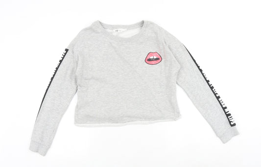 H&M Girls Grey Cotton Pullover Sweatshirt Size 12-13 Years Pullover - Lips Motif