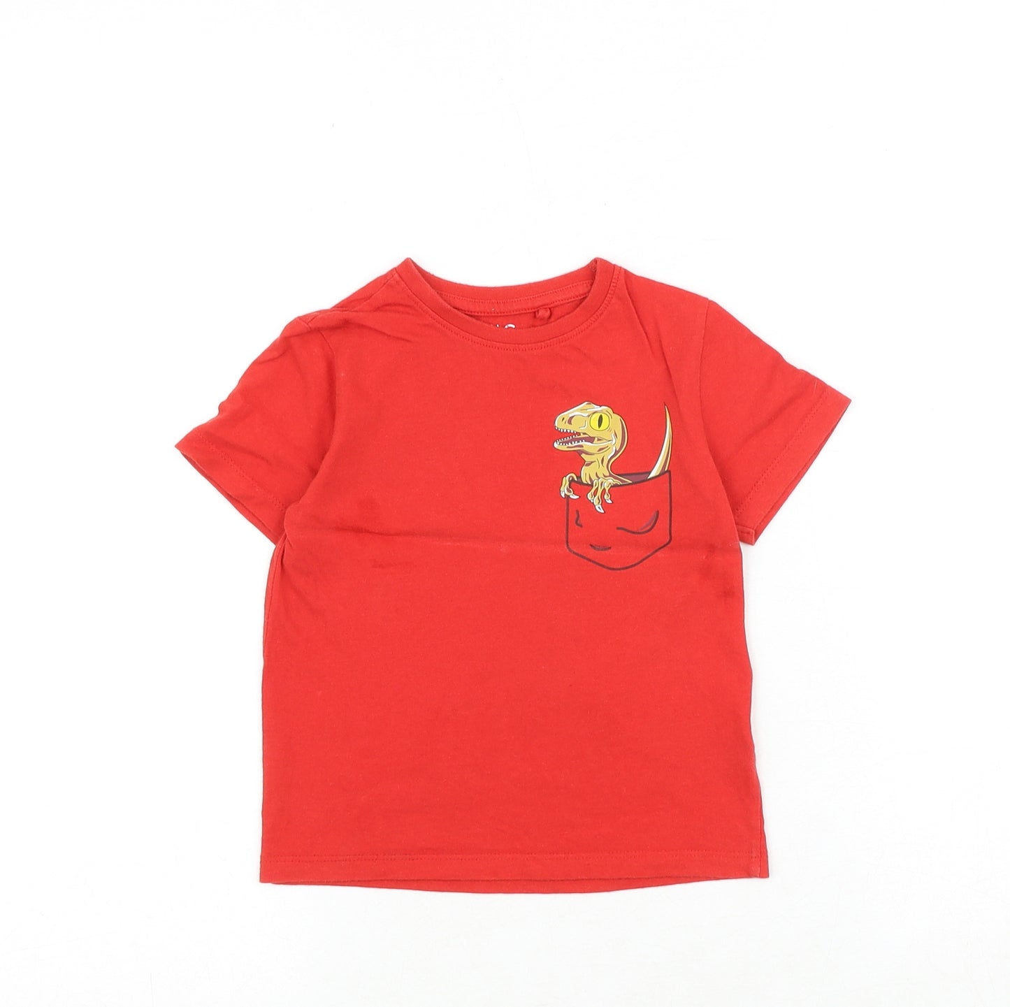 REDTAG Boys Red 100% Cotton Pullover T-Shirt Size 2-3 Years Round Neck Pullover - Dinosaur