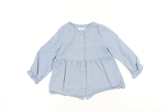 La Redoute Girls Blue Striped 100% Cotton Basic Blouse Size 2 Years Round Neck Button