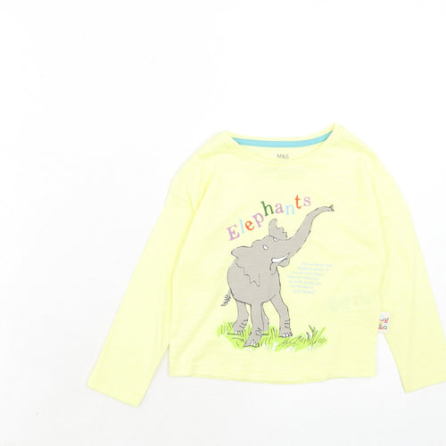 Marks and Spencer Boys Yellow Cotton Pullover T-Shirt Size 2-3 Years Round Neck Pullover - Elephant