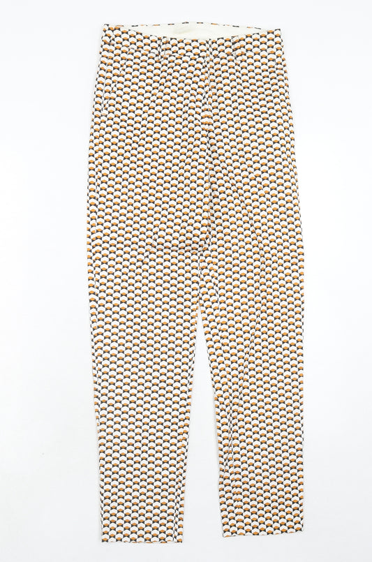 H&M Womens Orange Geometric Cotton Chino Trousers Size 6 Regular Hook & Eye