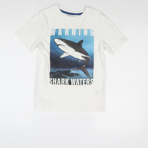 H&M Boys White Cotton Pullover T-Shirt Size 9-10 Years Round Neck Pullover - Shark