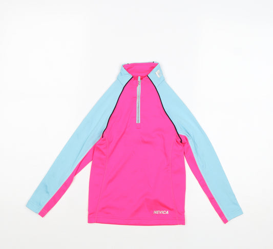 NEVICA Girls Pink Geometric Polyester Basic T-Shirt Size 5-6 Years V-Neck Zip - Activewear