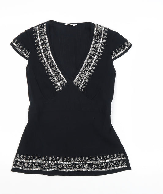 New Look Womens Black Geometric Cotton Basic Blouse Size 10 V-Neck