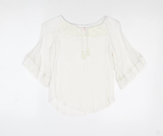 Justice Girls White Viscose Basic Blouse Size 8 Years Round Neck Tie - Lace Detail