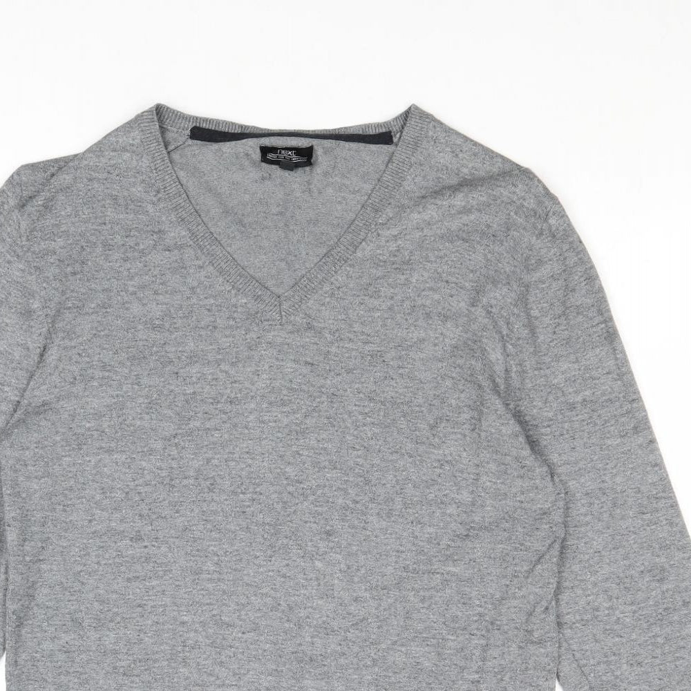 NEXT Mens Grey V-Neck Cotton Pullover Jumper Size S Long Sleeve