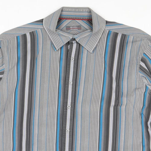 Jeff Banks Mens Grey Striped Cotton Button-Up Size M Collared Button