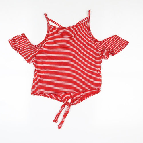 New Look Girls Red Striped Cotton Pullover T-Shirt Size 10-11 Years Scoop Neck Pullover - Cold Shoulder Tie Front
