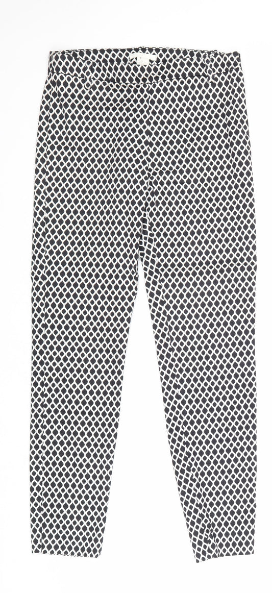 H&M Womens Black Geometric Cotton Chino Trousers Size 8 Regular Zip