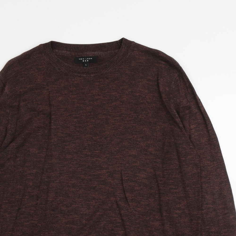 New Look Mens Brown Round Neck Cotton Pullover Jumper Size L Long Sleeve