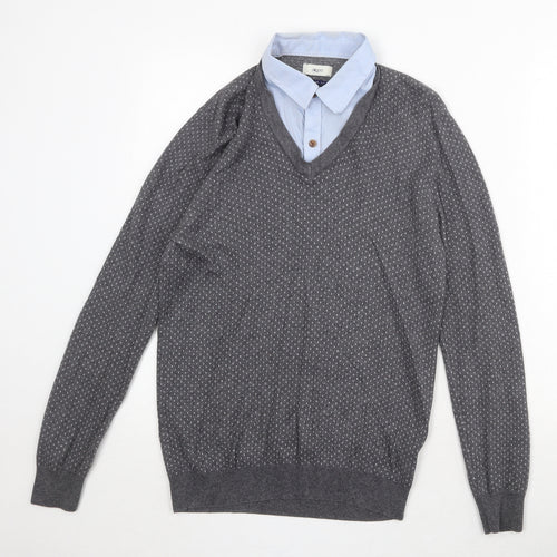 G2000 Mens Grey V-Neck Geometric Cotton Pullover Jumper Size S Long Sleeve - Shirt Collar