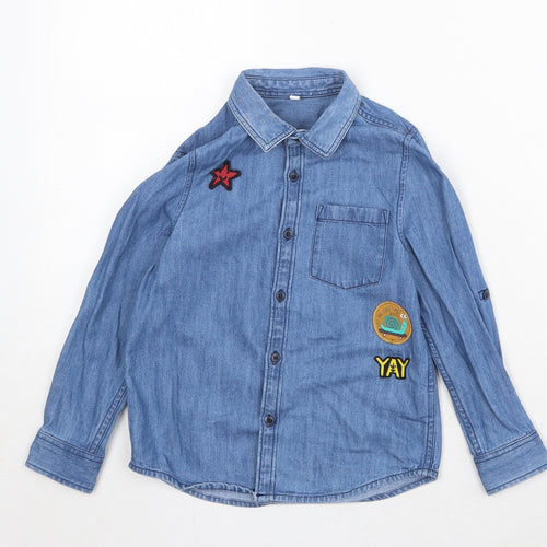 Marks and Spencer Boys Blue 100% Cotton Pullover Button-Up Size 4-5 Years Collared Button - Appliqués