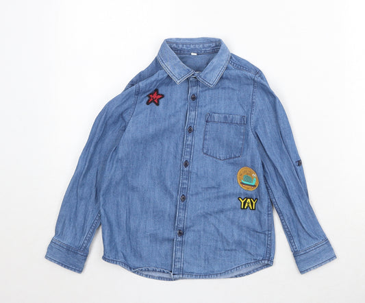 Marks and Spencer Boys Blue 100% Cotton Pullover Button-Up Size 4-5 Years Collared Button - Appliqués