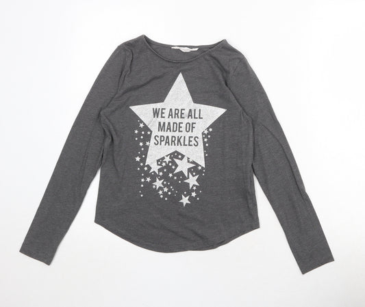 H&M Girls Green Cotton Basic T-Shirt Size 10-11 Years Round Neck Pullover - We Are All Made of Sparkles, Stars