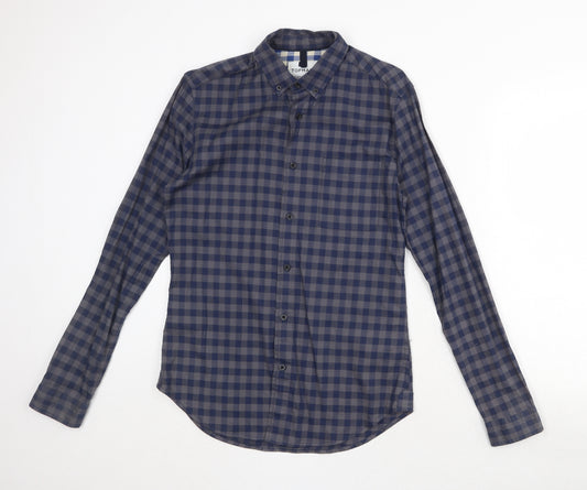 Topman Mens Blue Check Cotton Button-Up Size S Collared Button