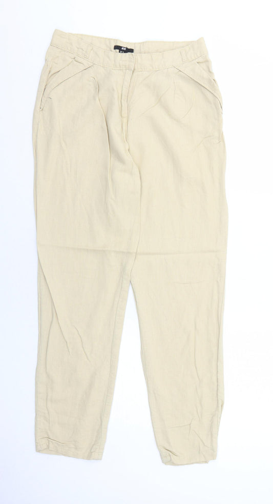 H&M Womens Beige Linen Chino Trousers Size 6 Regular Zip