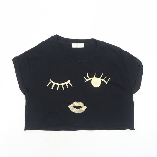 Lipsy Girls Black Cotton Pullover T-Shirt Size 5-6 Years Round Neck Pullover - Face Print