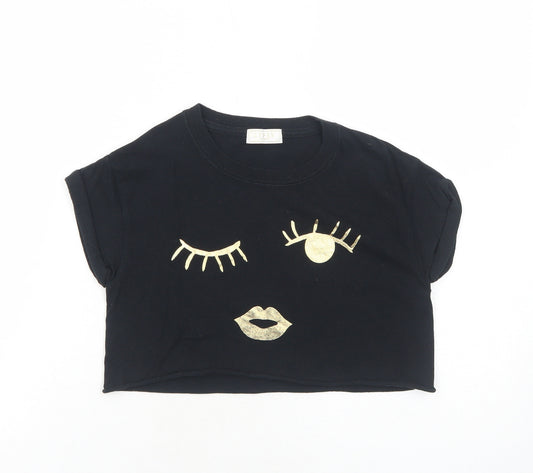 Lipsy Girls Black Cotton Pullover T-Shirt Size 5-6 Years Round Neck Pullover - Face Print