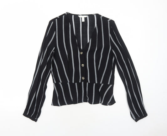 H&M Womens Black Striped Viscose Basic Blouse Size 10 V-Neck