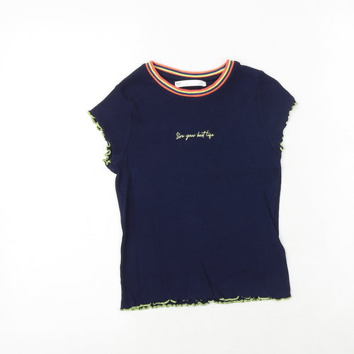 Marks and Spencer Girls Blue Cotton Pullover T-Shirt Size 7-8 Years Boat Neck Pullover - Live Your Best Life