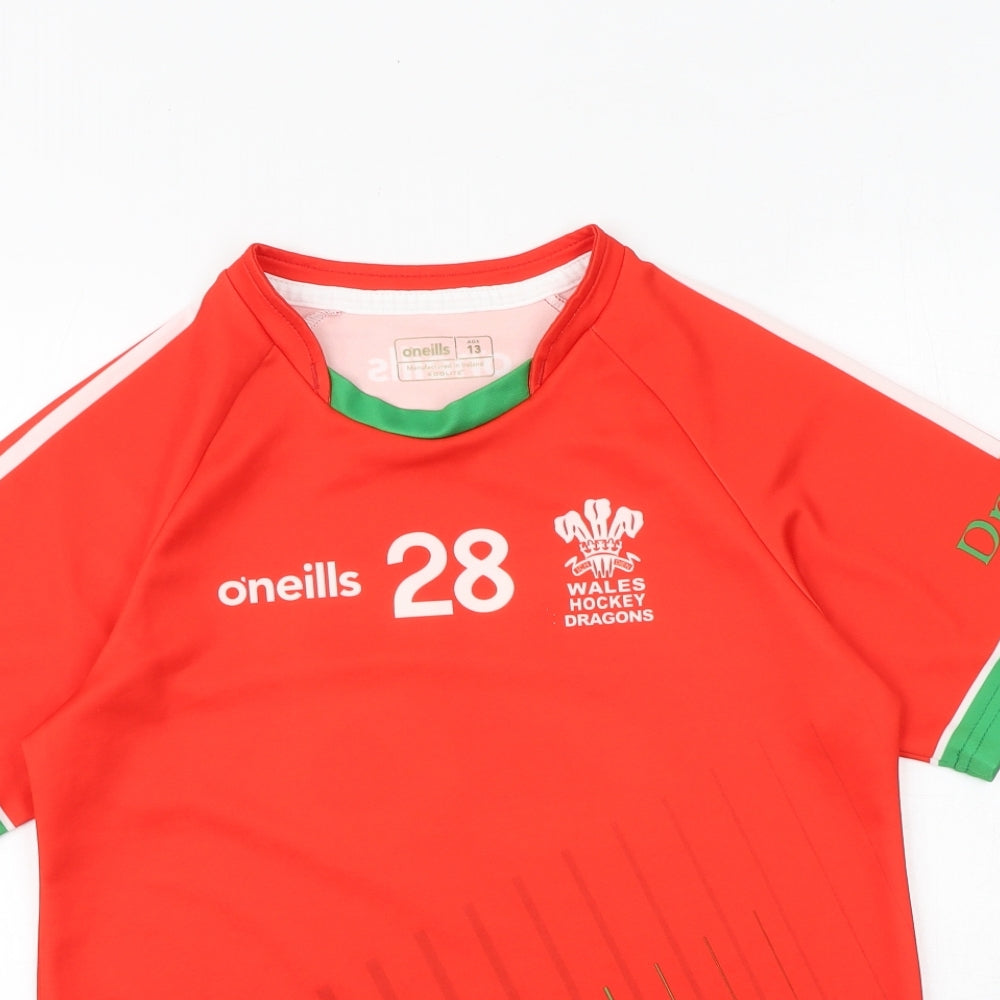 O'neills Boys Red Polyester Pullover T-Shirt Size 13 Years Round Neck Pullover - Wales Hockey