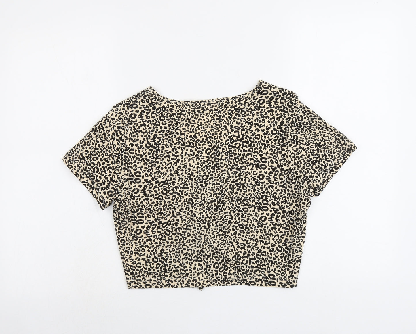 ROMWE Womens Beige Animal Print Cotton Cropped T-Shirt Size L V-Neck - Leopard Print