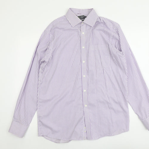 Marks and Spencer Mens Purple Striped Cotton Button-Up Size 16 Collared Button