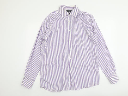 Marks and Spencer Mens Purple Striped Cotton Button-Up Size 16 Collared Button