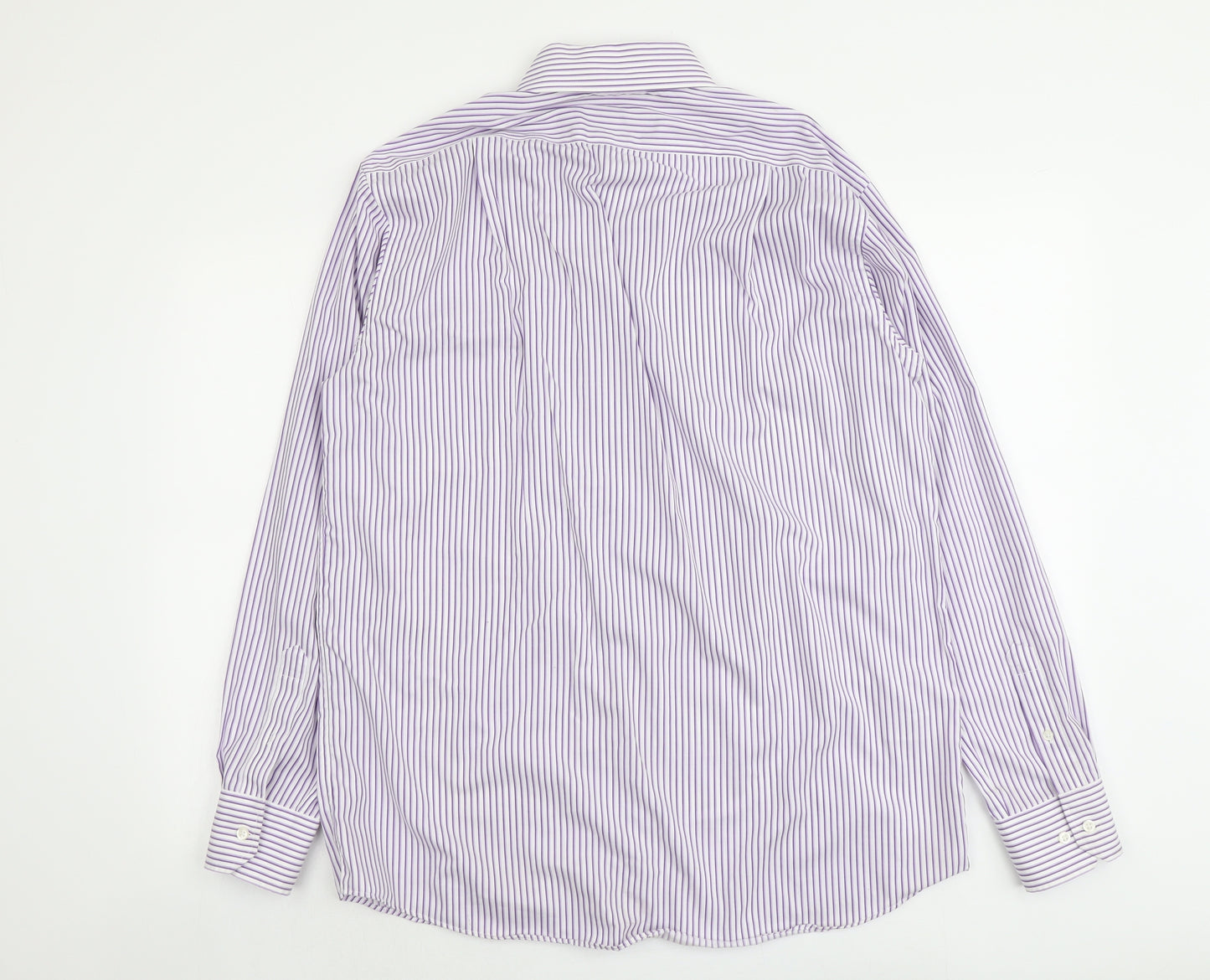 Marks and Spencer Mens Purple Striped Cotton Button-Up Size 16 Collared Button