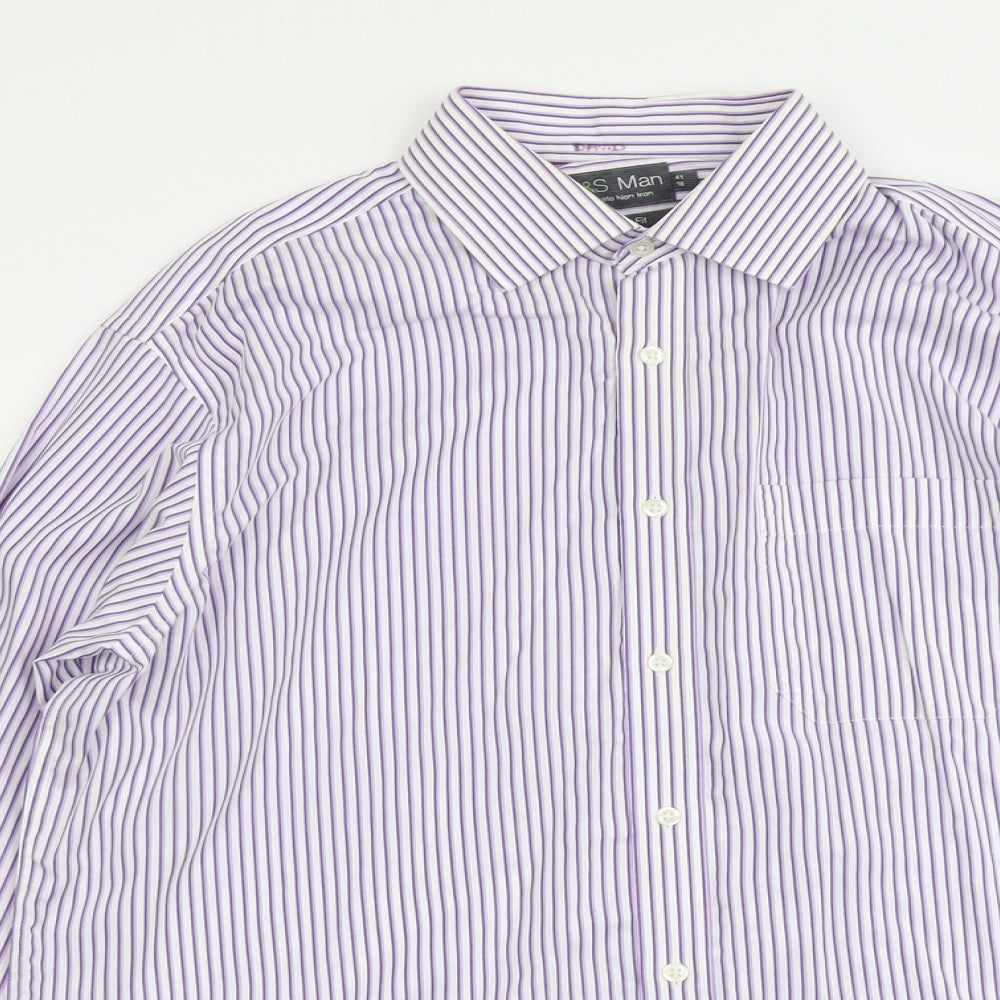 Marks and Spencer Mens Purple Striped Cotton Button-Up Size 16 Collared Button