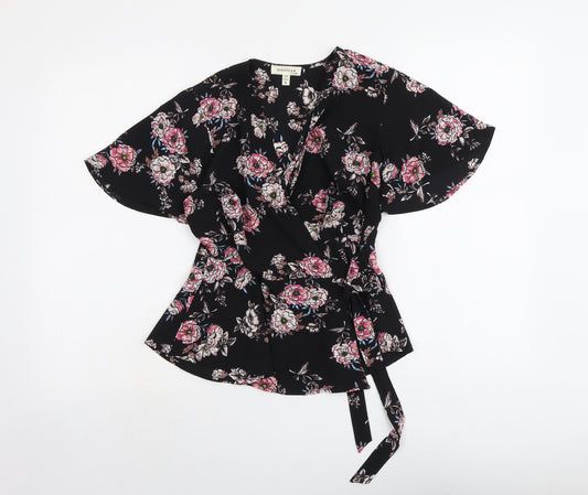 Monteau Womens Black Floral Polyester Wrap Blouse Size S V-Neck
