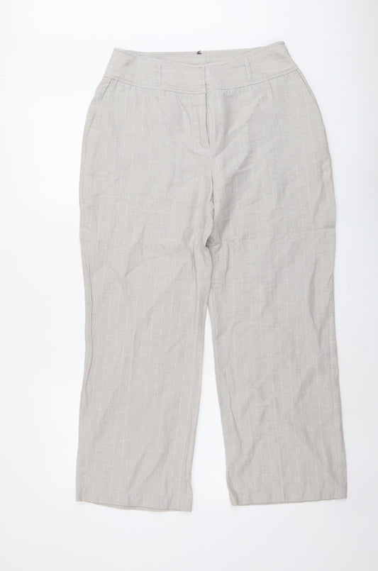 Oscar B Womens Beige Striped Cotton Trousers Size 14 L27 in Regular Button