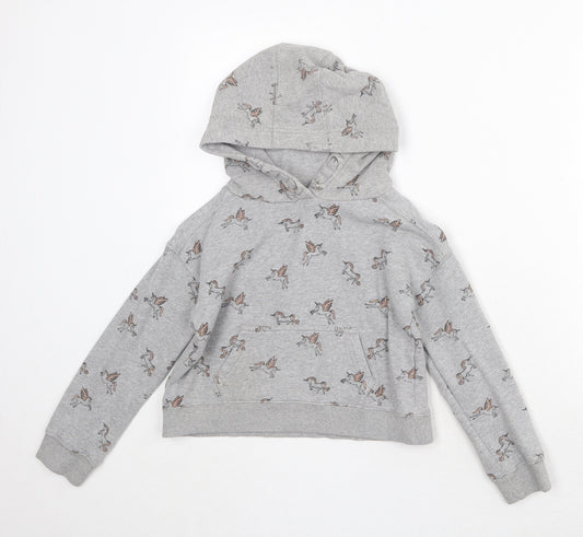 NEXT Girls Grey Geometric Cotton Pullover Hoodie Size 8 Years Pullover - Unicorn Print