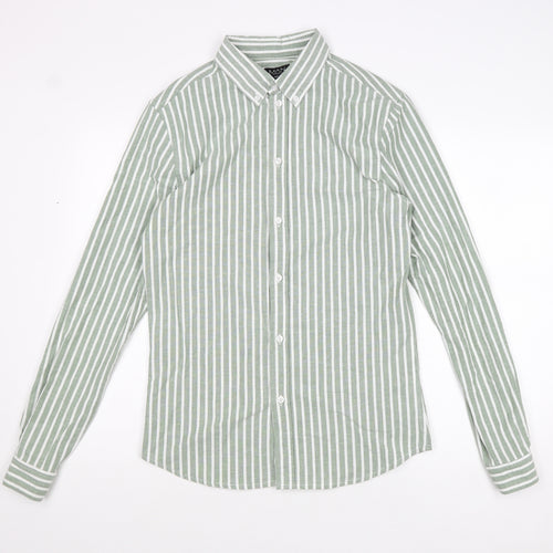 Boohoo Mens Green Striped Polyester Button-Up Size M Collared Button